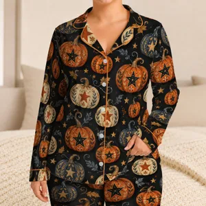 Vintage Halloween Pumpkins and Stars for Cozy October Nights and Autumn Gift Giving Satin Pajamas Set
