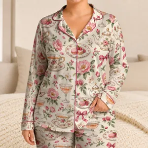 Afternoon Tea Cups, Floral Saucers and Pink Bows for Cozy Cottagecore Lounging Satin Pajamas Set