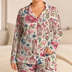 Cowgirl Hats, Boots and Tequila Motifs for Playful Summer Lounging and Gifting Satin Pajamas Set