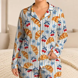 Croissant Cherry Blossom Motifs For Cozy Weekend Mornings And Sweet Gift Giving Satin Pajamas Set