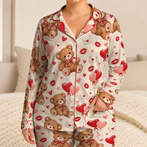 Sweetheart Teddy Bears and Red Kisses for Cozy Romantic Evenings at Home for Her Satin Pajamas Set