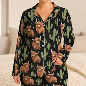Cactus and Highland Yak Desert Whimsy for Cozy Winter Lounging Satin Pajamas Set