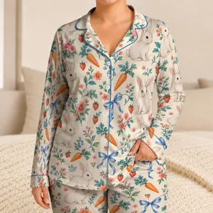 Bunny Carrot Garden for Cozy Springtime Mornings and Sweet Weekend Lounging at Home Satin Pajamas Set