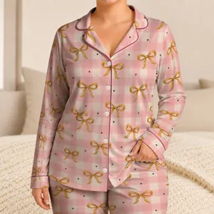 Pink Gingham Bows for Cozy Cottagecore Bedtime and Relaxed Summer Lounging at Home Satin Pajamas Set