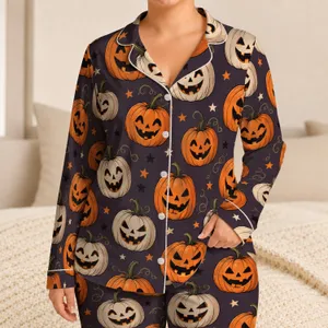 Jack-O'-Lantern Pumpkins and Stars for Cozy Halloween Nights and Autumn Lounging Satin Pajamas Set
