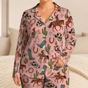 Western Cowboy Hats And Ranch Horses For Cozy Weekend Lounging At Home Satin Pajamas Set