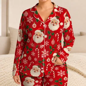 Santa Claus, Holly And Snowflakes For Cozy Christmas Holiday Mornings Satin Pajamas Set