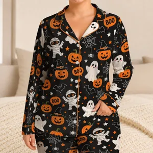 Cute Halloween Ghosts, Mummies And Jack-O'-Lanterns For Cozy October Celebrations Satin Pajamas Set