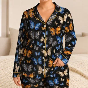 Colorful Butterfly Motifs for Elegant Evening Lounging and Relaxed Weekend Moments Satin Pajamas Set