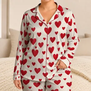 Red Heart Motifs for Romantic Valentine Lounging and Cozy Gift Giving for Women Satin Pajamas Set