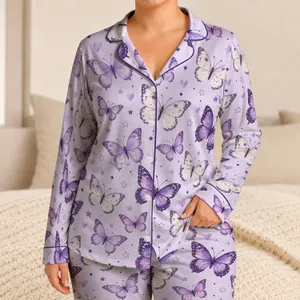 Lavender Butterflies and Celestial Accents for Dreamy Evenings and Relaxed Lounging Satin Pajamas Set