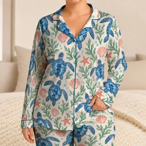 Sea Turtle And Seaweed Coastal Motif For Relaxing Summer Evenings By The Shore Satin Pajamas Set