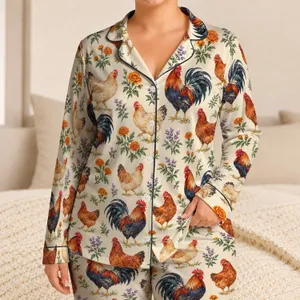 Watercolor Chickens and Roosters for Cozy Country Home Relaxation Satin Pajamas Set