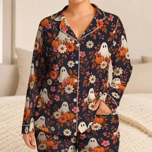 Friendly Ghosts, Pumpkins And Autumn Blooms For Cozy Halloween Evenings At Home For Her Satin Pajamas Set
