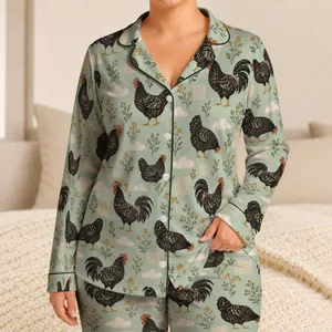 Black Speckled Hens and Soft Clouds for Cozy Farmhouse Mornings and Relaxed Women Satin Pajamas Set