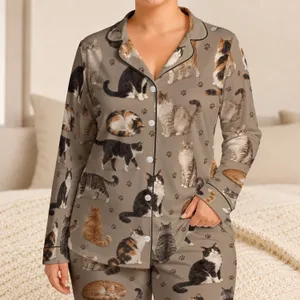 Playful Calico and Tabby Cats for Cozy Evenings at Home, Thoughtful Gift for Cat Lovers Satin Pajamas Set