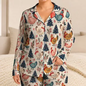 Woodland Christmas Chicks And Evergreen Trees For Cozy Winter Holiday Mornings at Home Satin Pajamas Set
