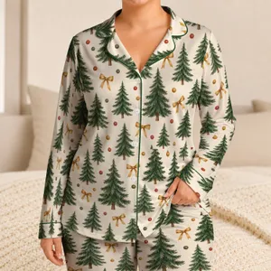 Watercolor Evergreen Trees and Rust Bows for Cozy Christmas Holiday Evenings at Home Satin Pajamas Set