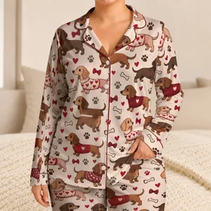 Cartoon Dachshunds with Hearts and Bones for Cozy Lounging and Dog Lovers Satin Pajamas Set