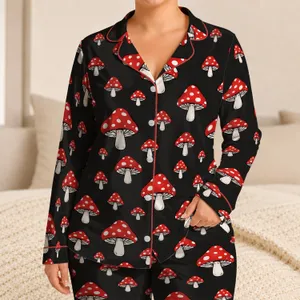 Red Mushroom Motifs for Cozy Nighttime Lounging, Cottagecore Gifts for Fungi Lovers Satin Pajamas Set