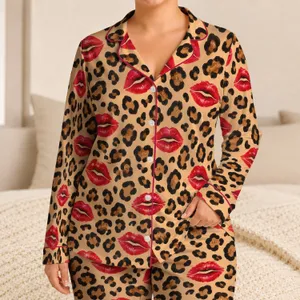 Leopard Spots And Raspberry Lip Marks For Playful At-Home Evenings And Weekend Lounging Satin Pajamas Set