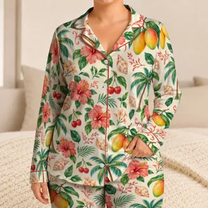 Tropical Mango, Palm And Hibiscus Motifs For Sunny Vacation Lounging And Getaways Satin Pajamas Set