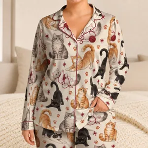 Watercolor Cats and Playful Yarn for Cozy Evenings and Relaxed Home Lounging Satin Pajamas Set