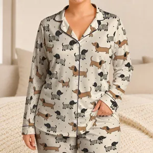 Cute Dachshund And Striped Puppy Motifs For Cozy Evenings At Home, Gift For Her All Year Satin Pajamas Set