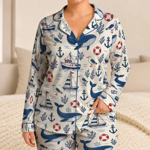Blue Whale and Sailboat Ocean Motifs for Coastal Getaways and Relaxed Summer Lounging Satin Pajamas Set
