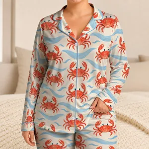 Coral Crab and Blue Tide Motifs for Breezy Coastal Getaways and Beachside Relaxation Satin Pajamas Set