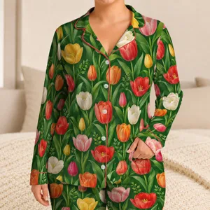Colorful Tulip Blooms for Spring Garden Getaways and Relaxed Vacation Style Lovers Satin Pajamas Set