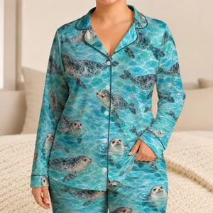 Playful Harbor Seals on Aqua Waves for Relaxed Coastal Weekends and Summer Getaways Satin Pajamas Set