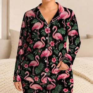 Pink Flamingos on Midnight Black for Tropical Getaways and Relaxed Summer Evenings Satin Pajamas Set