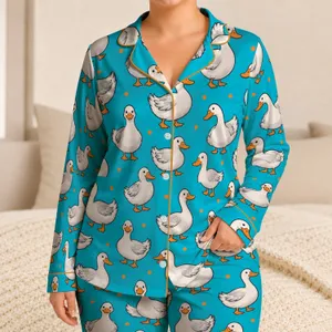 Turquoise Duck Motif with Orange Bills for Relaxed Summer Lounging and Beach Getaways Satin Pajamas Set