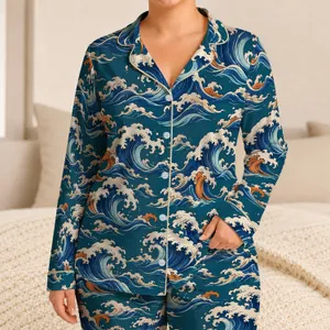 Japanese Indigo Ocean Waves for Relaxed Coastal Evenings and Summer Getaways at Home Satin Pajamas Set