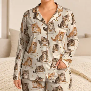 Tabby Kittens Eating From Bowls for Cozy Cat Lover Lounging and Relaxation Time Satin Pajamas Set