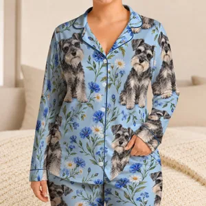Blue Schnauzer and Wildflower Artwork for Cozy Nights and Relaxed Weekends Satin Pajamas Set