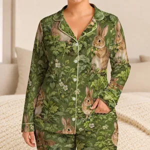 Pastoral Rabbits Nibbling Garden Greens For Cozy Countryside Evenings And Relaxing Satin Pajamas Set
