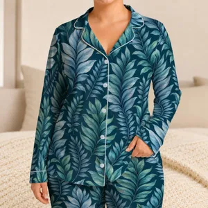 Teal Tropical Leaf Veins for Relaxed Coastal Getaways and Summer Lounging Satin Pajamas Set