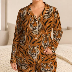 Majestic Tiger Faces in Amber Jungle Tones for Bold Coastal Getaways and Relaxed Lounging Satin Pajamas Set