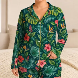 Tropical Palm Leaves And Hibiscus For Relaxed Summer Getaways Satin Pajamas Set