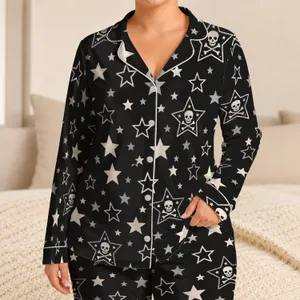 Monochrome Skull and Star Motifs for Cozy Nights and Relaxed Weekends, Gothic Gift Satin Pajamas Set