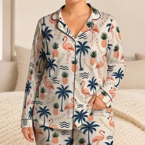 Flamingo Palm Tree Tropical Beach Style for Relaxed Island Vacation Getaways Satin Pajamas Set