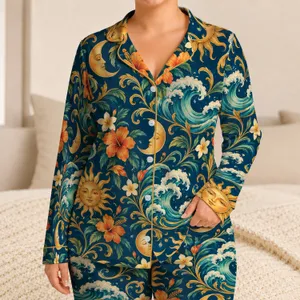 Celestial Sun Moon Ocean Waves and Golden Florals for Relaxed Coastal Summer Getaways Satin Pajamas Set