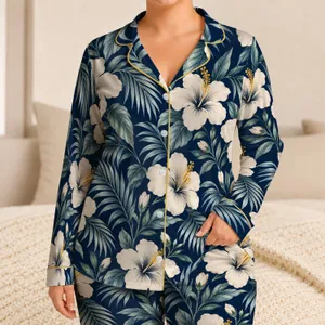 Ivory Hibiscus And Palm Fronds For Tropical Resort Getaways And Summer Escapes Satin Pajamas Set
