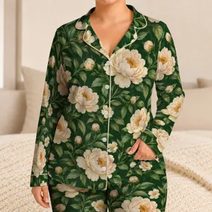 Ivory Peonies on Forest Green for Relaxed Summer Garden Evenings Satin Pajamas Set