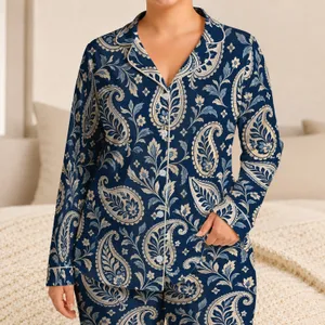 Navy Ivory Paisley Motifs for Relaxed Coastal Summer Getaways Satin Pajamas Set