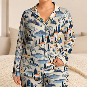 Coastal Village Cottages and Trees for Relaxed Summer Getaways Satin Pajamas Set
