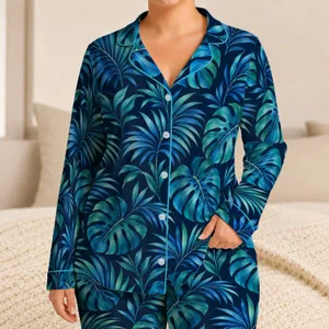Blue Palm Fronds and Monstera Leaves for Tropical Summer Getaways Satin Pajamas Set