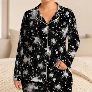 Black And White Ink Splatter Coastal Style For Relaxed Summer Lounge And Beach Days Satin Pajamas Set